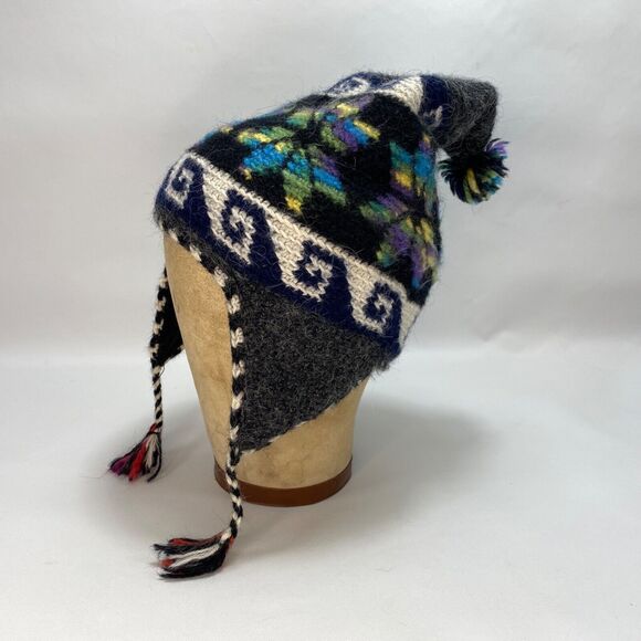 Peru Chullo Alpaca Wool Knit Cap Hat Hand Made Pom Pom Ear Flaps Winter Stars - Picture 1 of 13